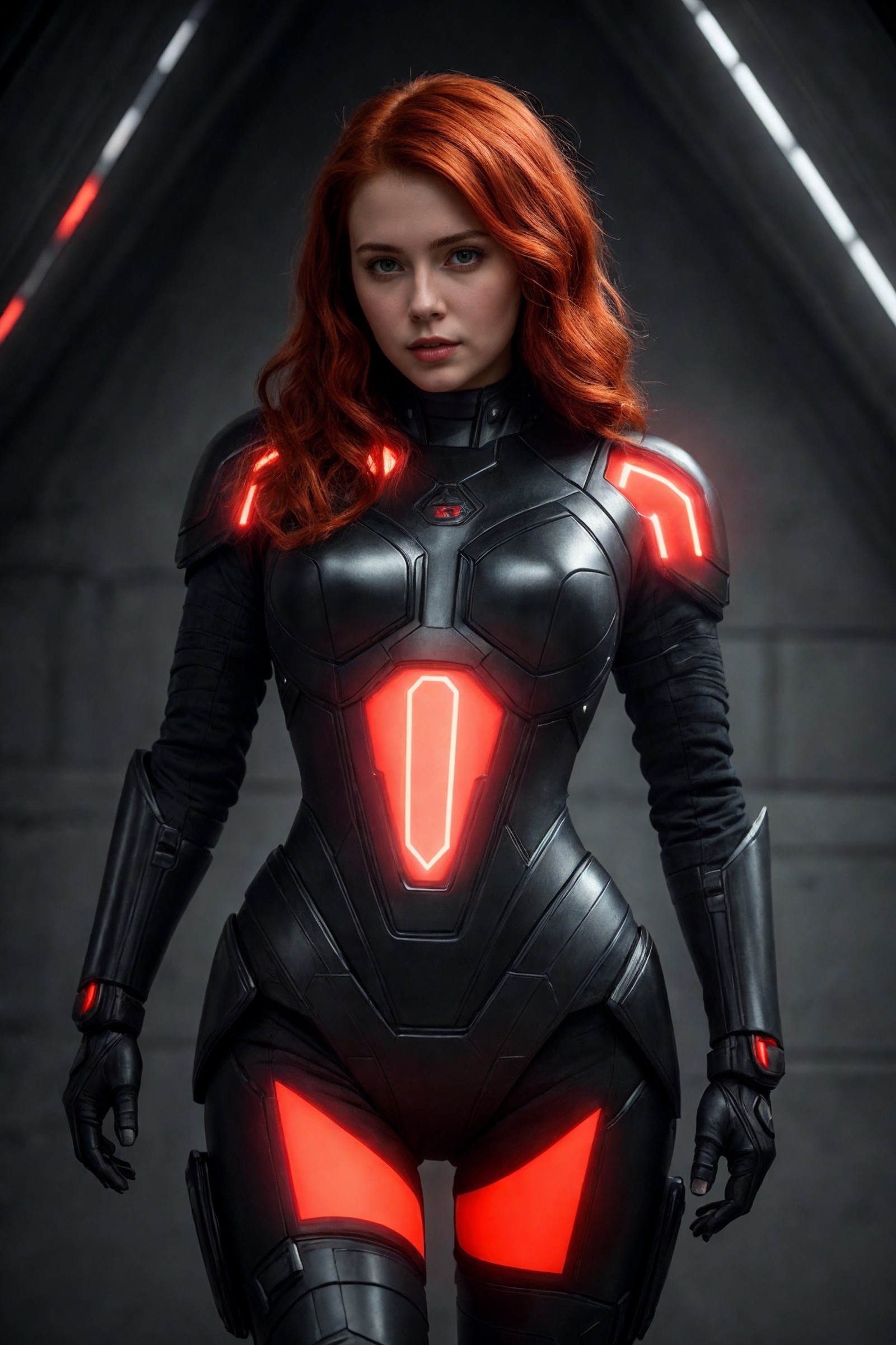 masterpiece, best quality, cute woman, sci-fi armor with black and red colors, glowing elements, redhair