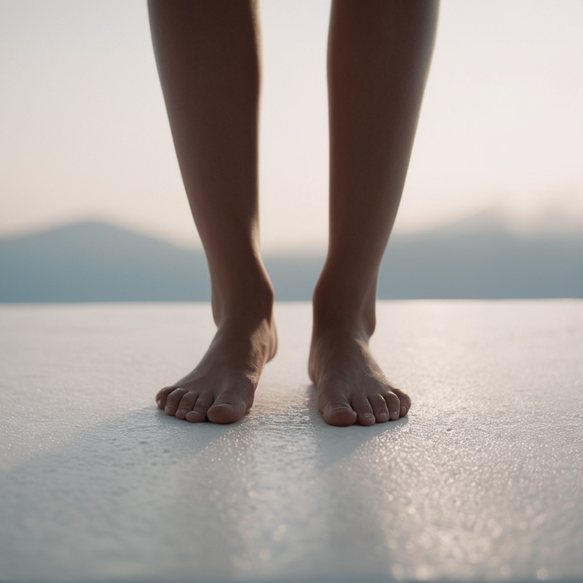 cinematic film still of  <lora:feet v3:0.6>
A perfect detailed photo of a person with bare feet standing on a white surfac...
