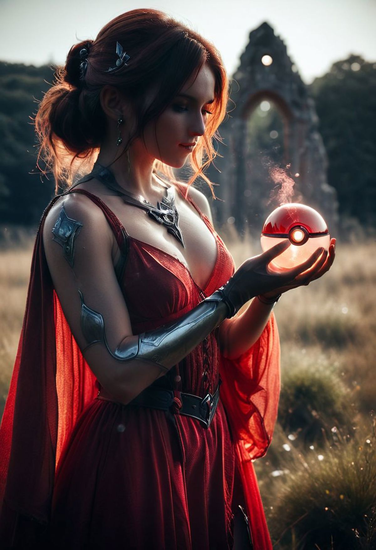 Smiling AtomicHeartTwinsCosplay, Captured by the glow of a translucent red/white Pokeball orbstaff, a brunette freckled bu...