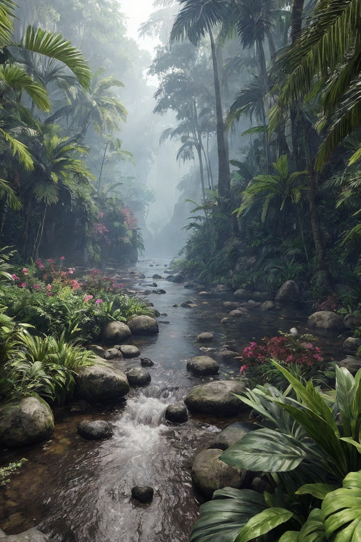 unreal engine 5 render, jungle, river, flowers, extremely detailed, colorful